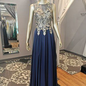 Size 6 navy/gold chiffon + embroidery formal/prom gown